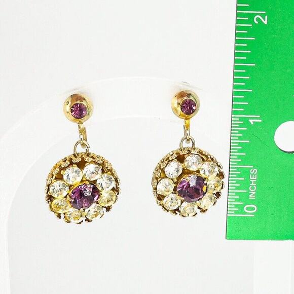 Vintage Large Coro Screw Back Dangle Earrings Clear Purple Rhinestones - Picture 4 of 5
